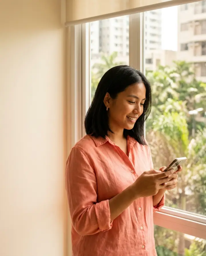 Illustrative image: a young Filipina smiling at her phone by a window in Manila